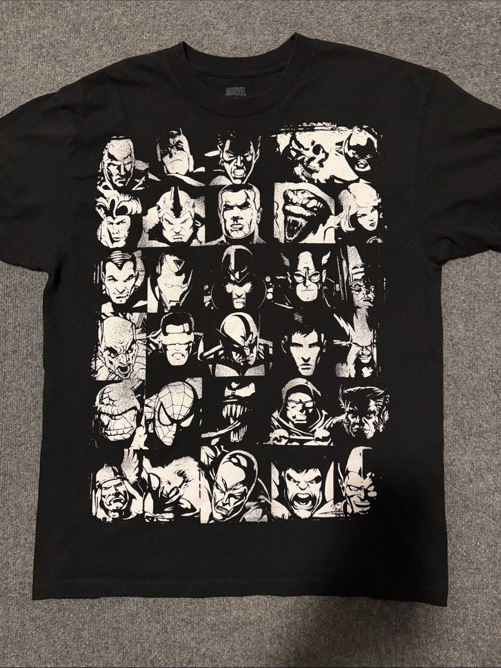 Marvel Black Crewneck T-Shirt with White Character Grid Graphic
